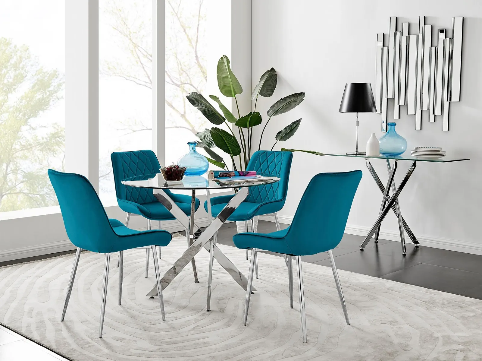 FurnitureboxUK Novara Clear Tempered Glass 100cm Round Dining Table with Chrome Starburst Legs & 4 Pesaro Velvet Silver Leg Chairs in Blue 1