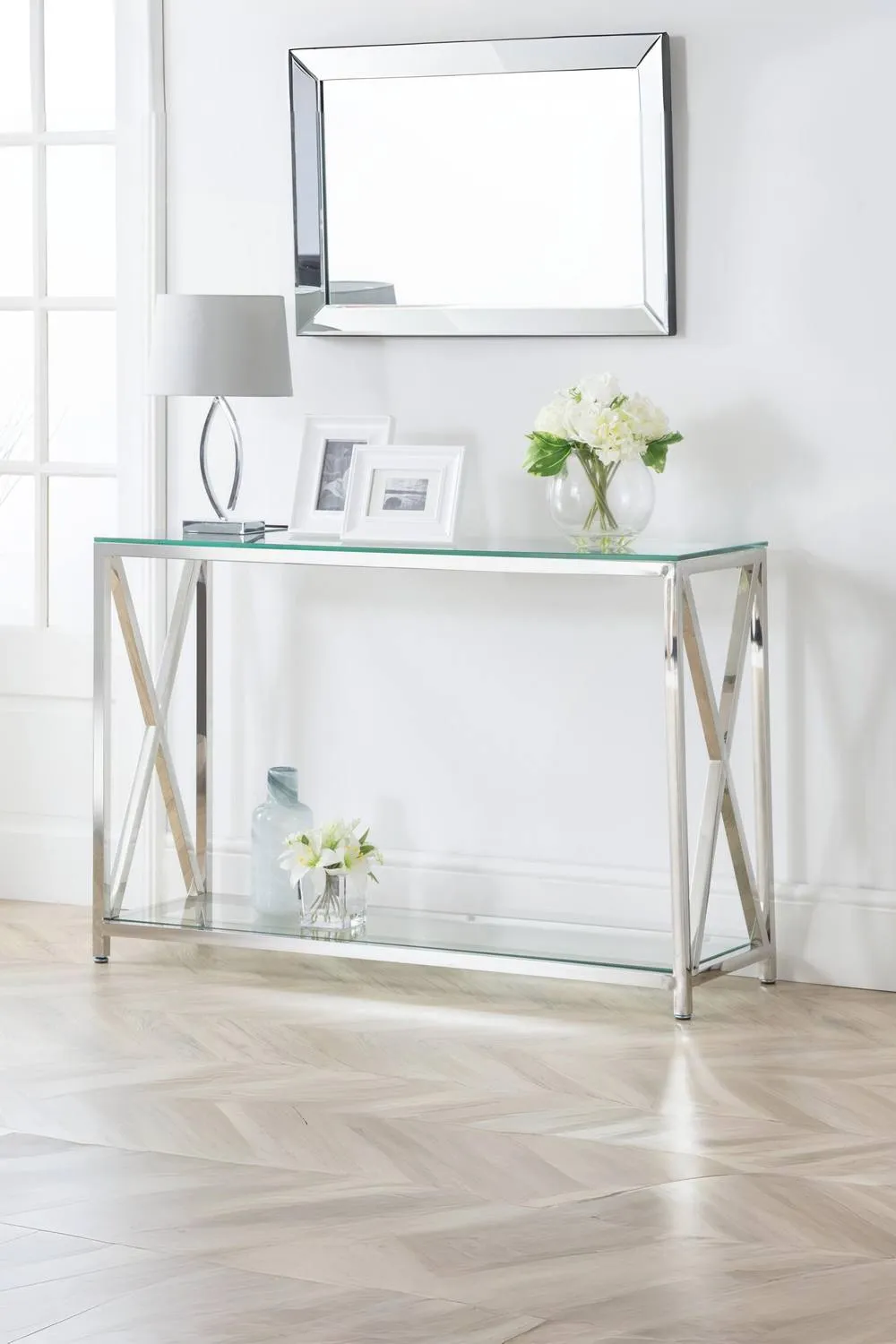 Julian Bowen Miami Glass Top Cross Frame Console Table with Shelf in Silver