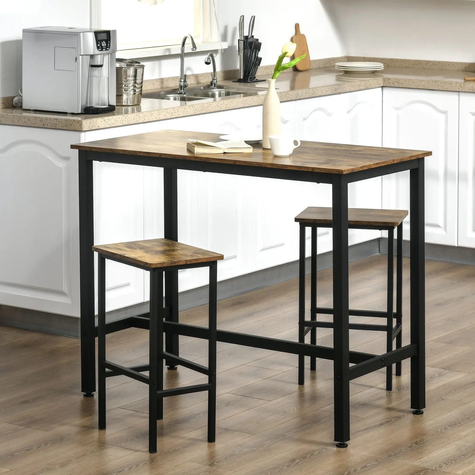 HOMCOM 3 Piece Industrial Bar Table Set Breakfast Table with 2 Stools in Brown