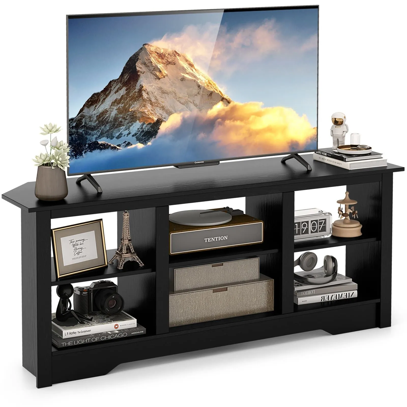 Costway 147cm TV Stand for TVs up to 65 Inches Media Entertainment Center-Black in Black