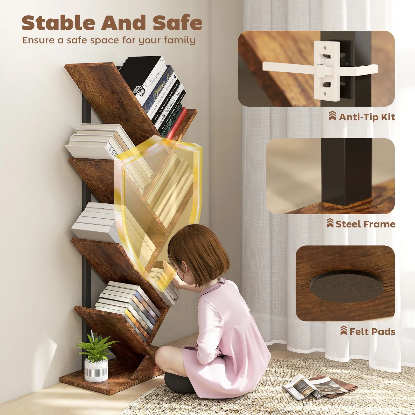 HOMCOM Tree Bookshelf with Steel Frame for Living Room, Rustic Brown 5