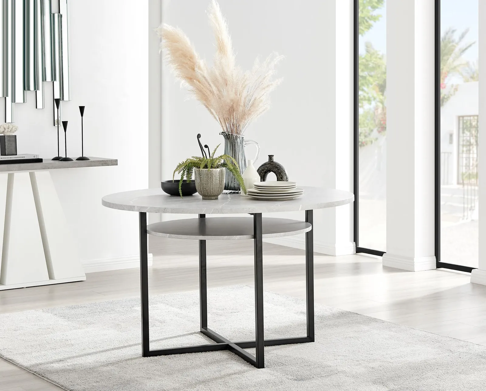 FurnitureboxUK Adley Grey Concrete Effect Round Dining Table & 4 Velvet Milan Chairs 2