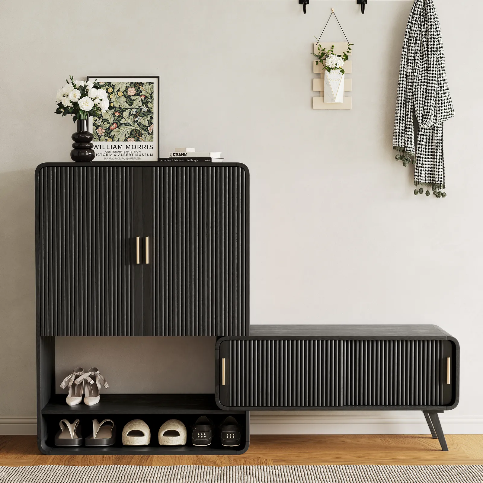 Ash Wood Shoe Rack for Entryway in Black Shoe Storage Cabinet for Closet