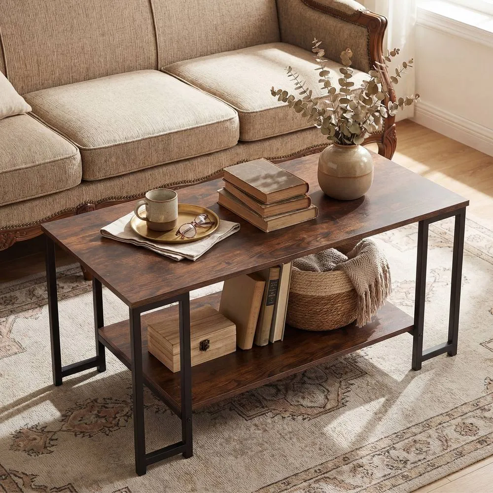 Costway 2-Tier Coffee Table Rectangular Cocktail Table Center Table w/ Shelf in Brown