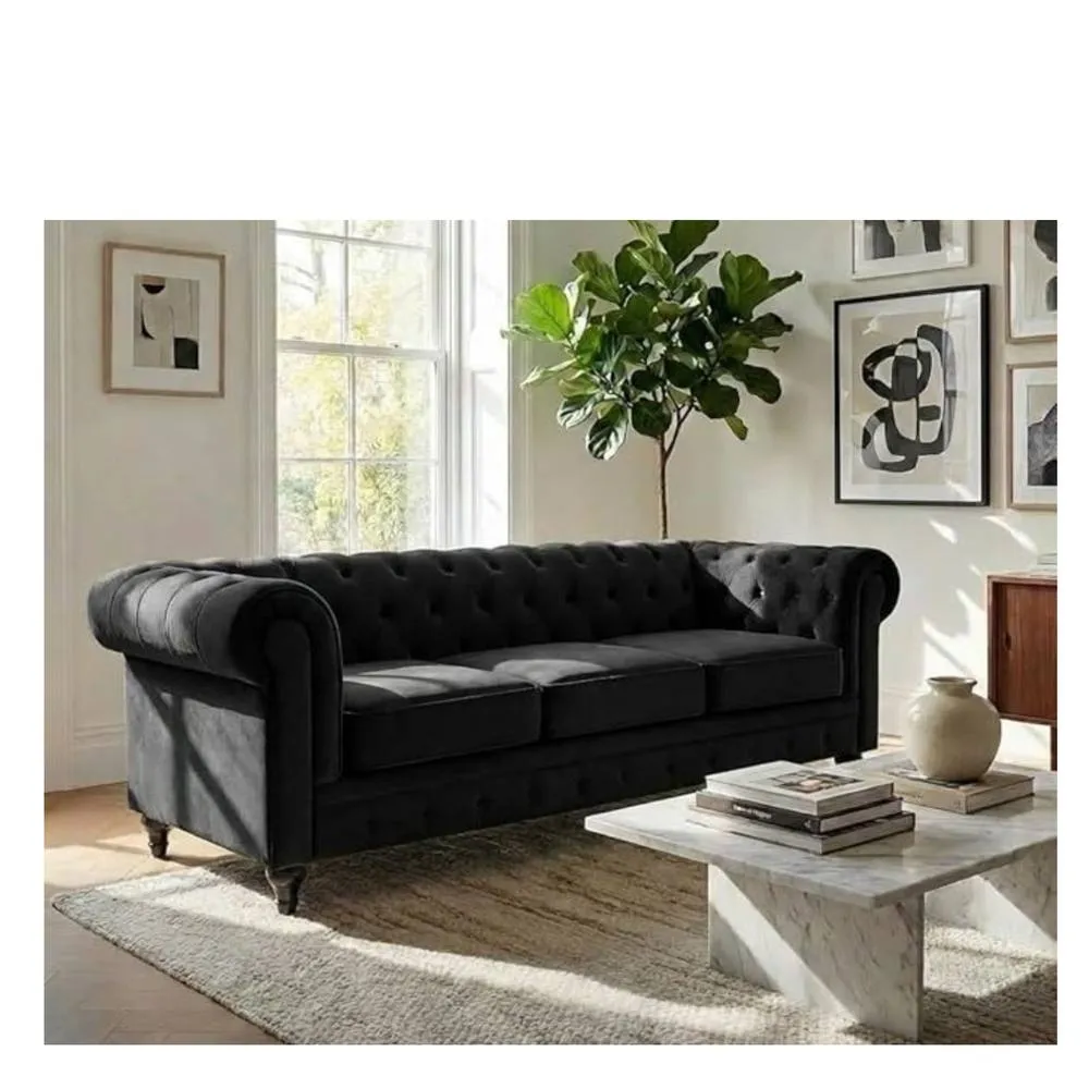 Bliss Furniture Velvet Chesterfield 3 Seater Sofa in Black