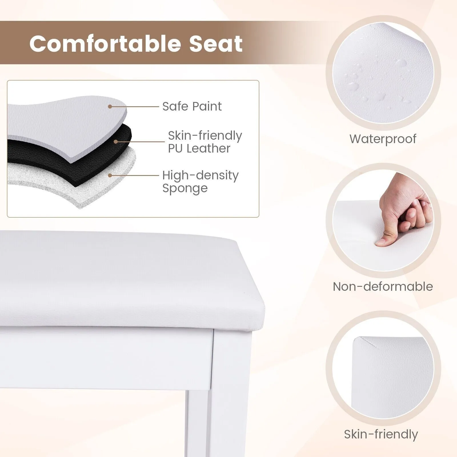 Costway 75cm PU Leather Piano Bench Double Duet Seat Padded Vanity Stool with Storage in White 6