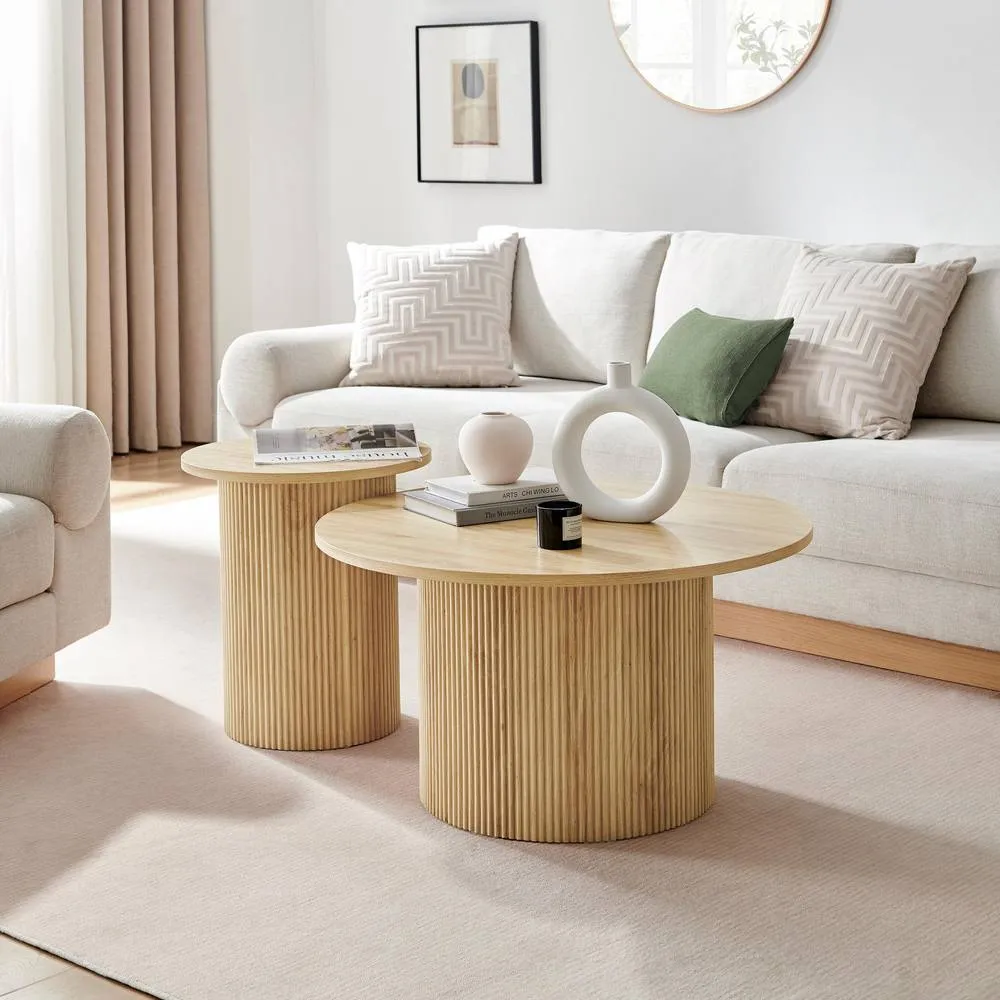FurnitureboxUK Penrose Round Wood Coffee Table & Side Table Set in Light Oak 1