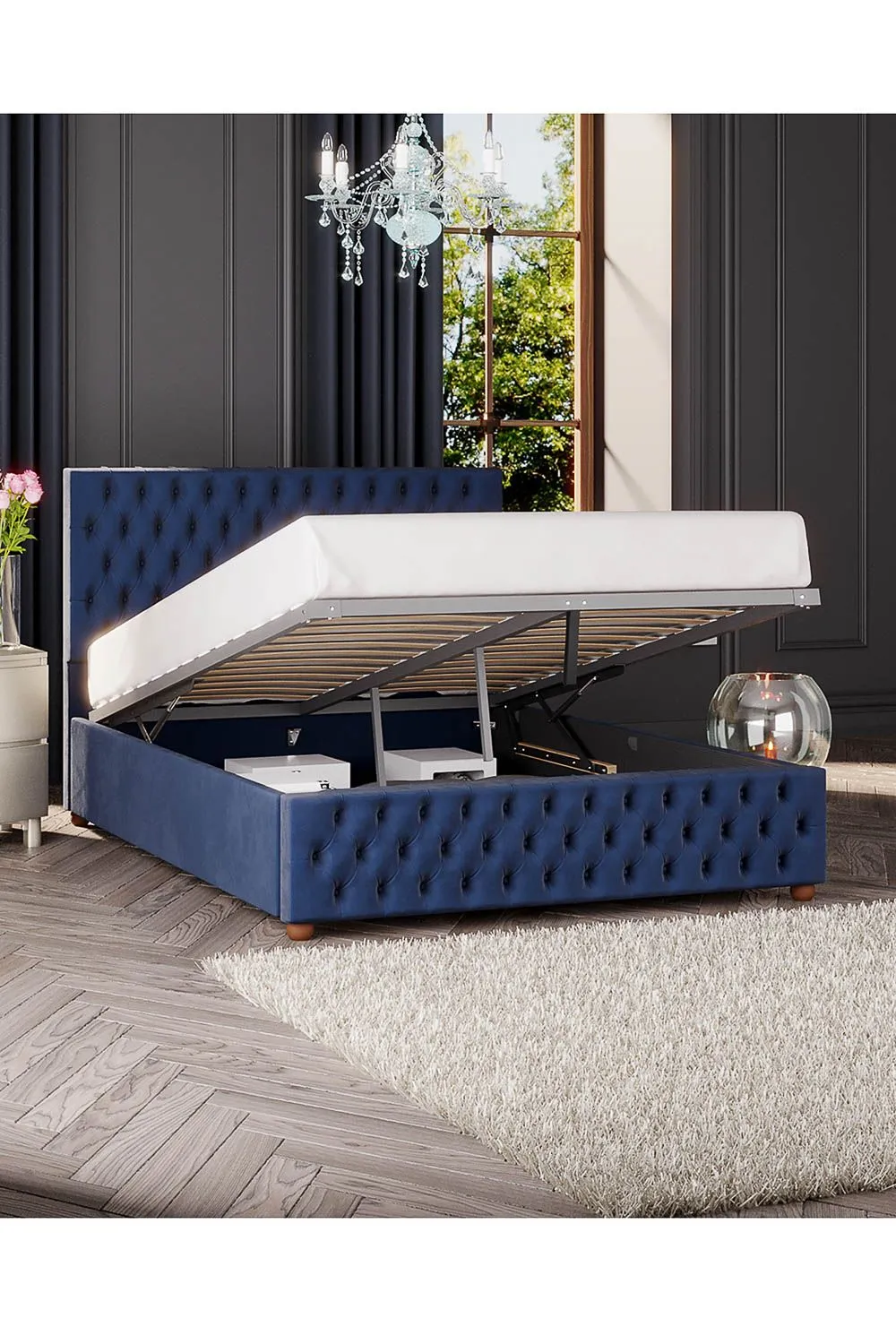 Laurence Llewelyn-Bowen Seren Ottoman Storage Bed in Plush Velvet Fabric, Custom Made in Navy 2