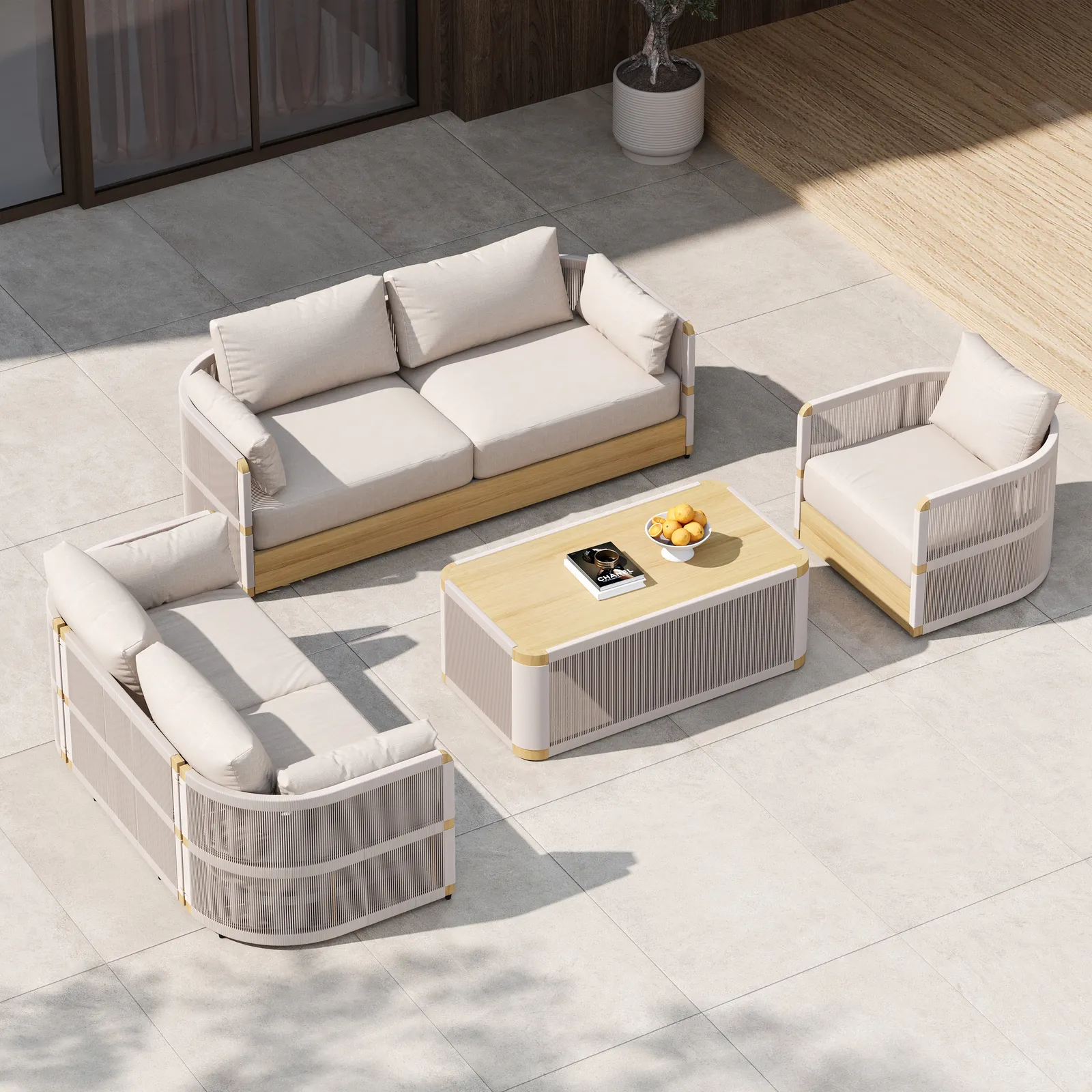 Costra 4-piece Modern Aluminium & Rope Outdoor Swivel Sofa Set with Coffee Table in Khaki for 6 People, Modern Wood Outdoor & Yard Rope Sofa Set