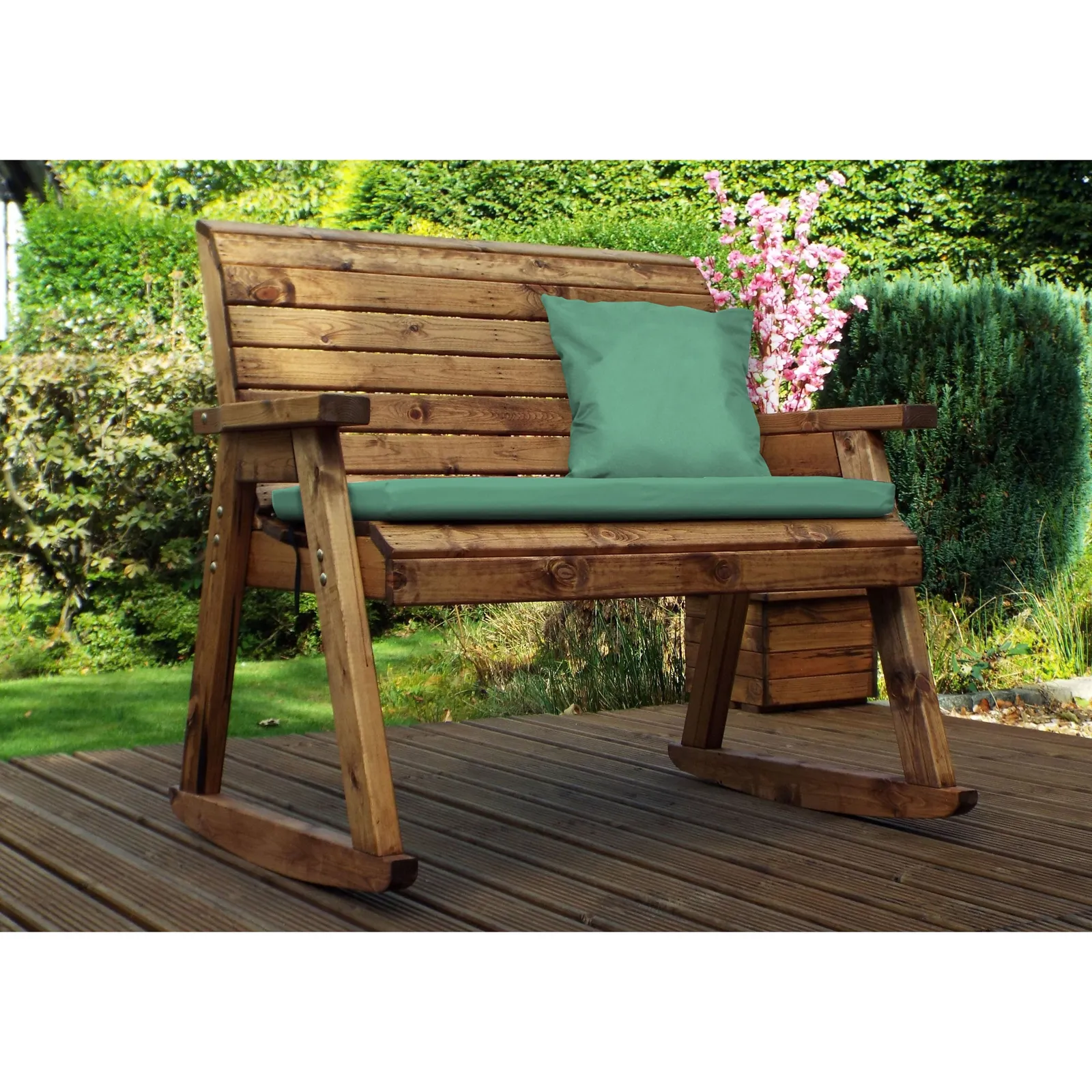 Charles Taylor 2 Seater Wooden Rocking Bench with Green Seat Pads Brown