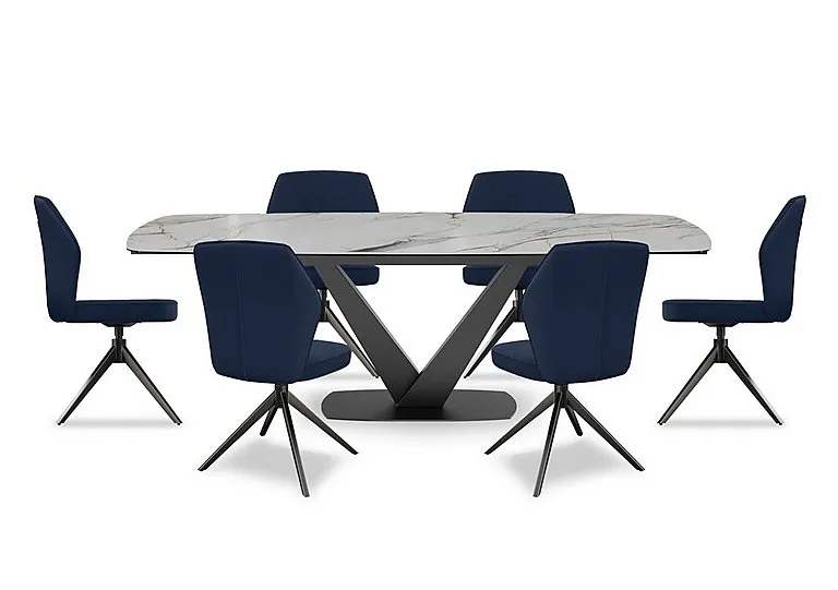 Julio Medium 160cm Draw Leaf Extending Dining Table in Fiorentio Marble Ceramic with 6 Chairs - Navy