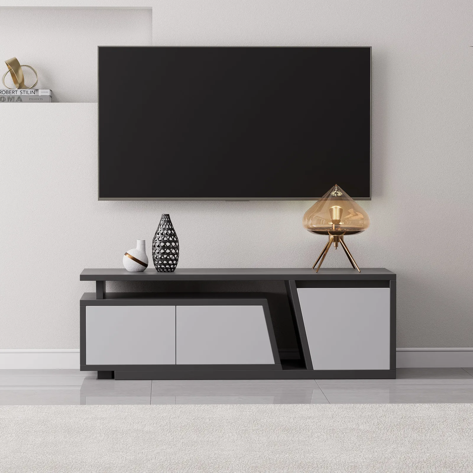 Storage Modern Grey Wood TV Stand Extendable 1200 mm - 1800 mm Floor-standing TV Unit with 3 Drawers