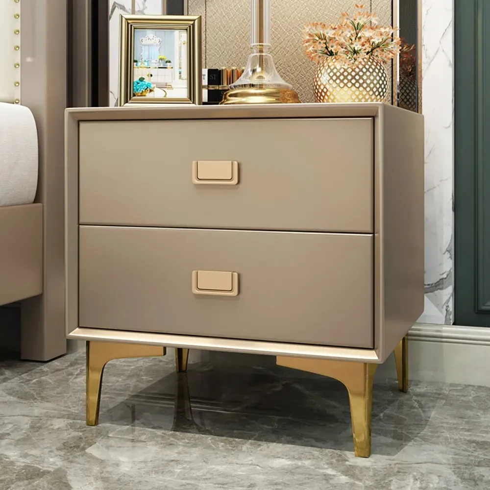 Modern Champagne Nightstand 2-Drawer Bedside Table in Gold Finish Set of 2