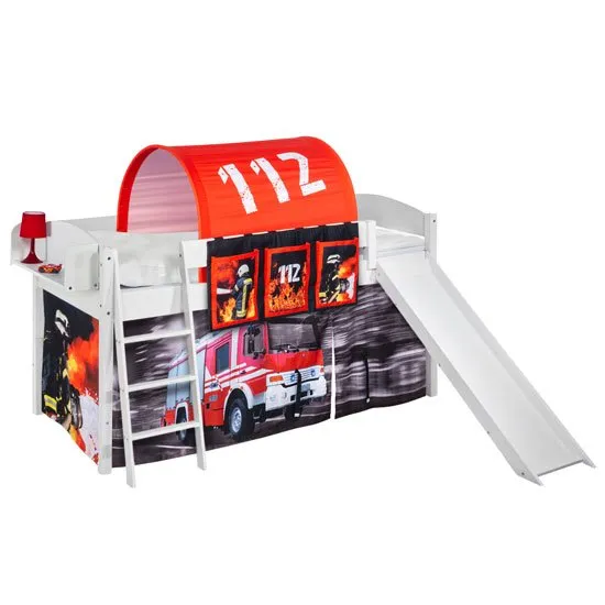 Lilla Slide Children Bed In White With Fire Department Curtains