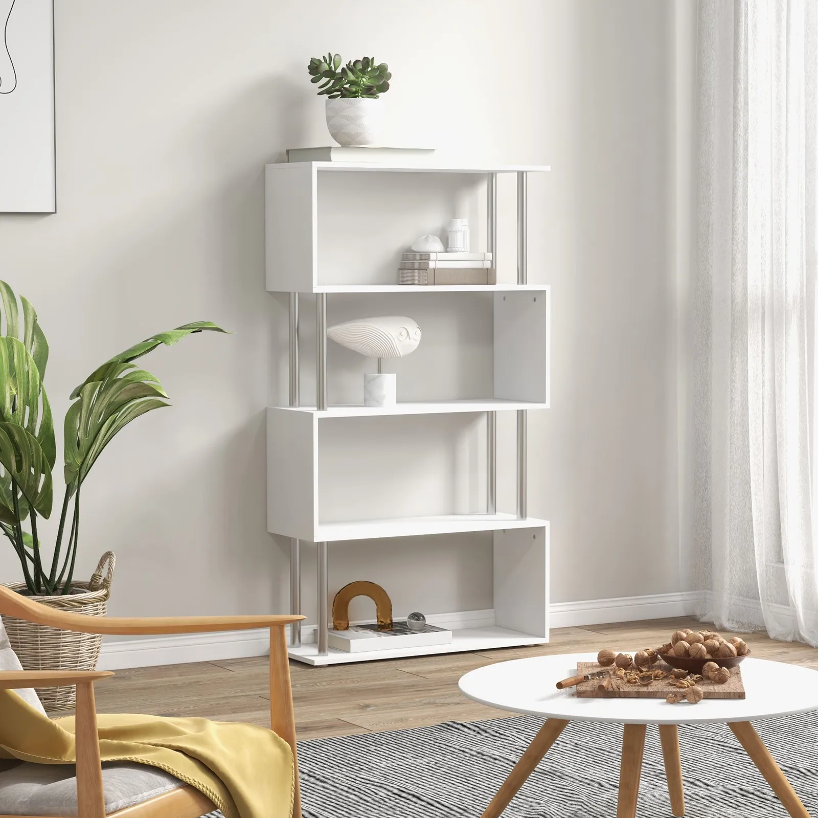 HOMCOM Wooden Storage Display Unit Bookshelf Bookcase Dividers S Shaped in White