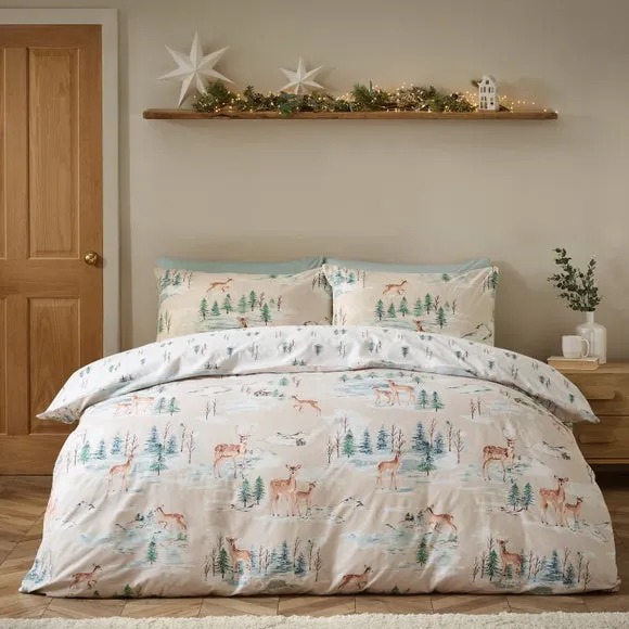 Catherine Lansfield Christmas Deer 100% Brushed Cotton Duvet Cover & Pillowcase Set 1