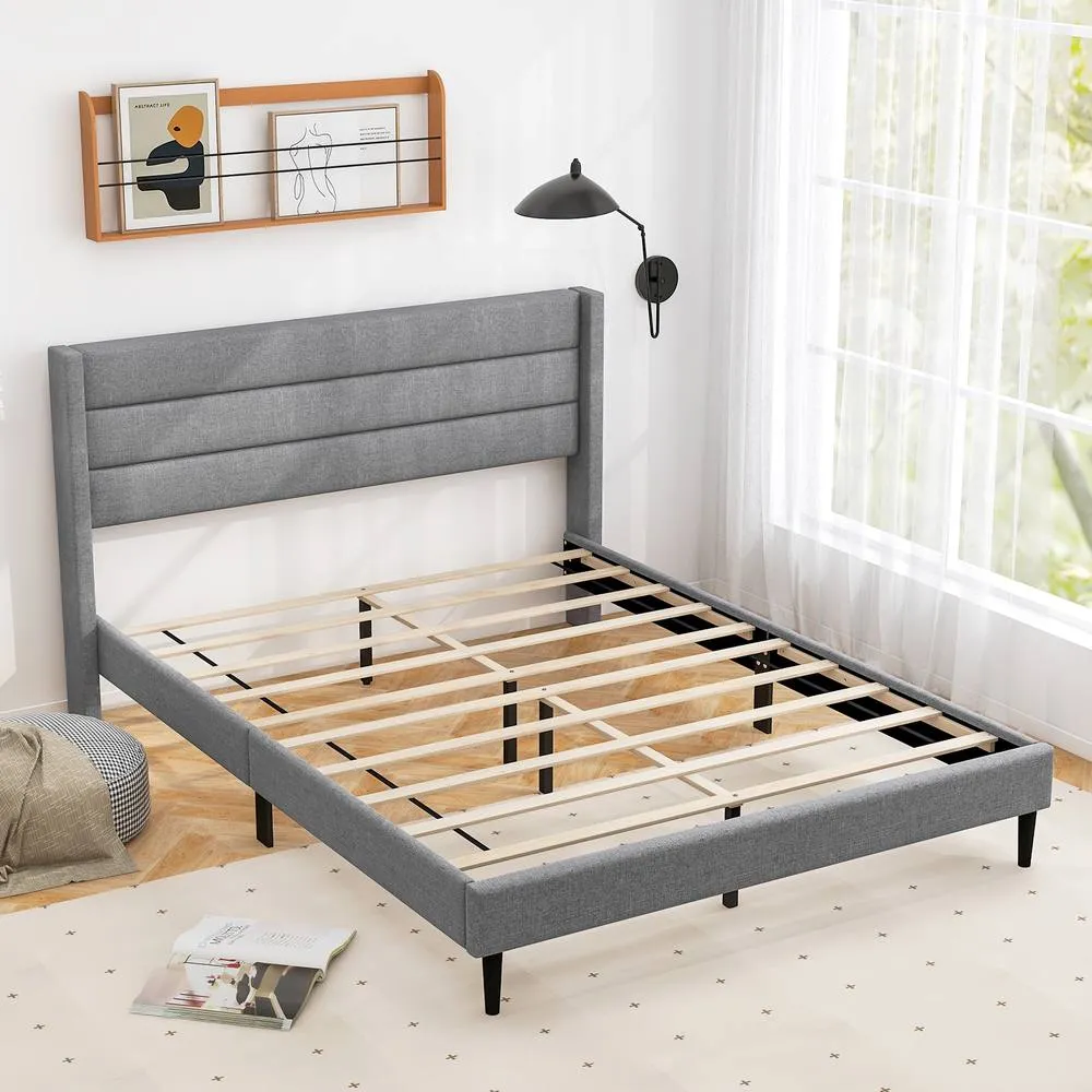Costway Double Bed Frame Linen Upholstered Platform Bed w/Headboard in Grey 4