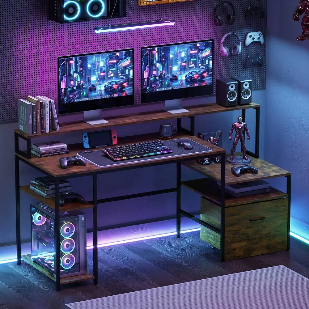 Costway Desk with Charging Station Multi-tiered Computer Workstation with Drawer in Brown 4