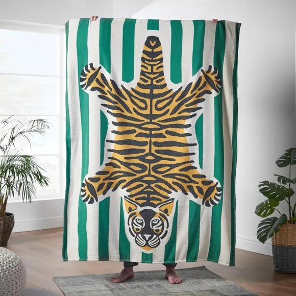 Green Stripe Tiger Jacquard Throw Blanket