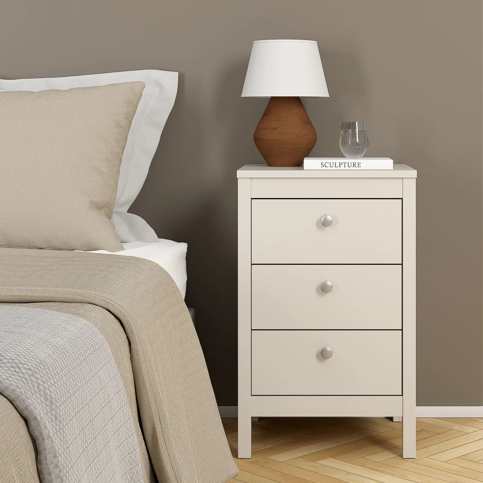 Furniture To Go Madrid Bedside Table 3 Drawers in Cashmere in Beige 6