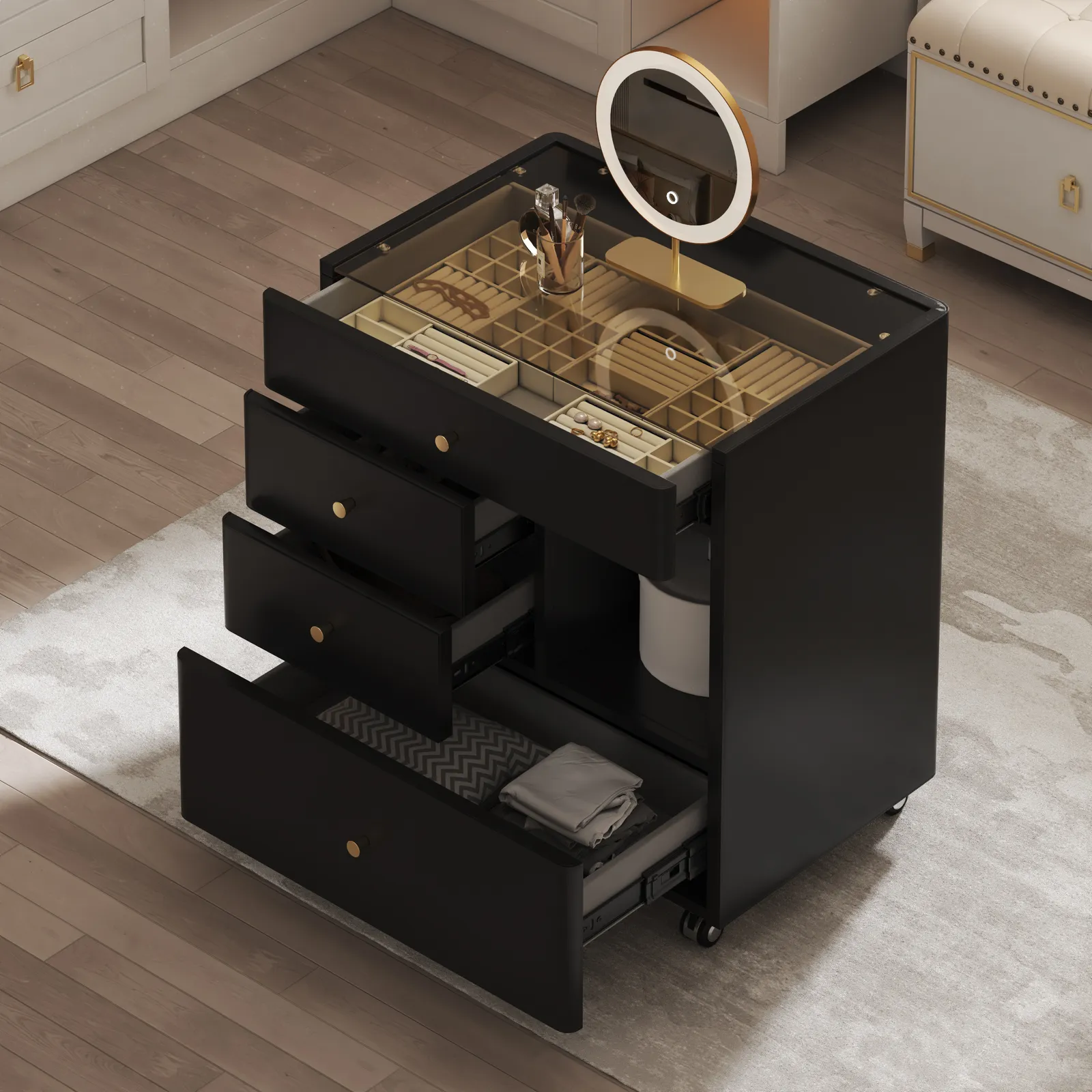 Leather Glass Saddle Walk-In Wardrobe Island Jewellery Dresser with Top
