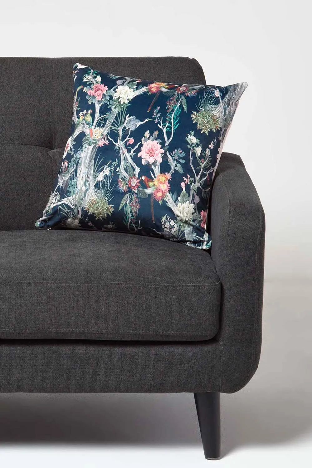 Homescapes Floral Garden Parrot Filled Velvet Cushion 46 x 46 cm in Navy 2