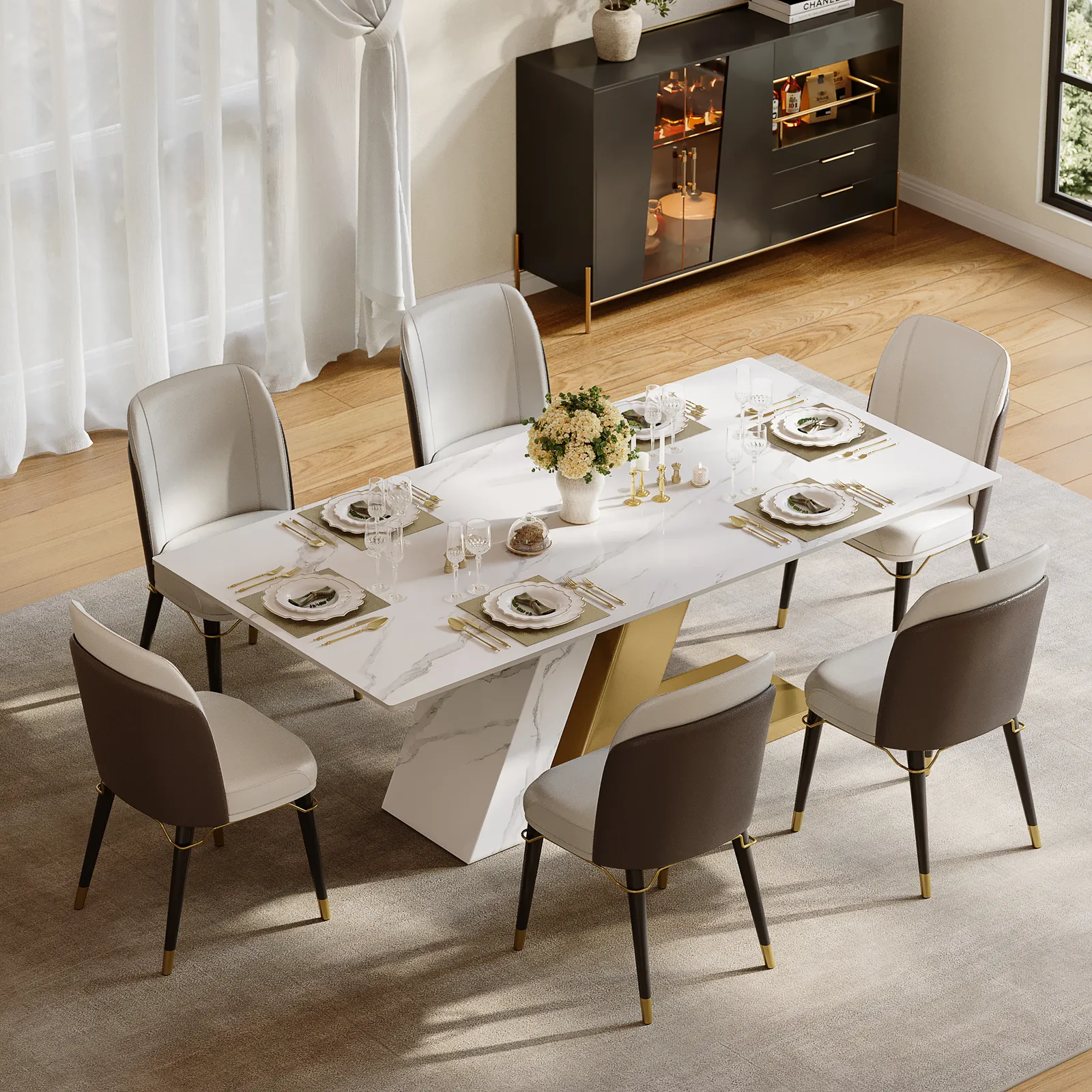 Dining Set 200 cm Modern Rectangular Sintered Stone Dining Table with 6 Chairs