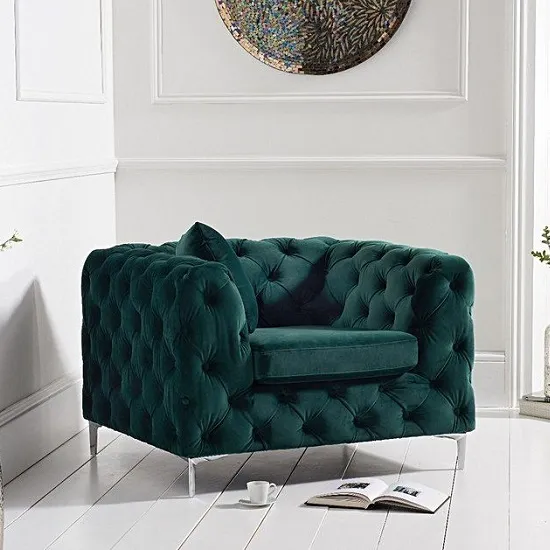 Sabine Velvet Armchair In Plush Green With Metal Legs
