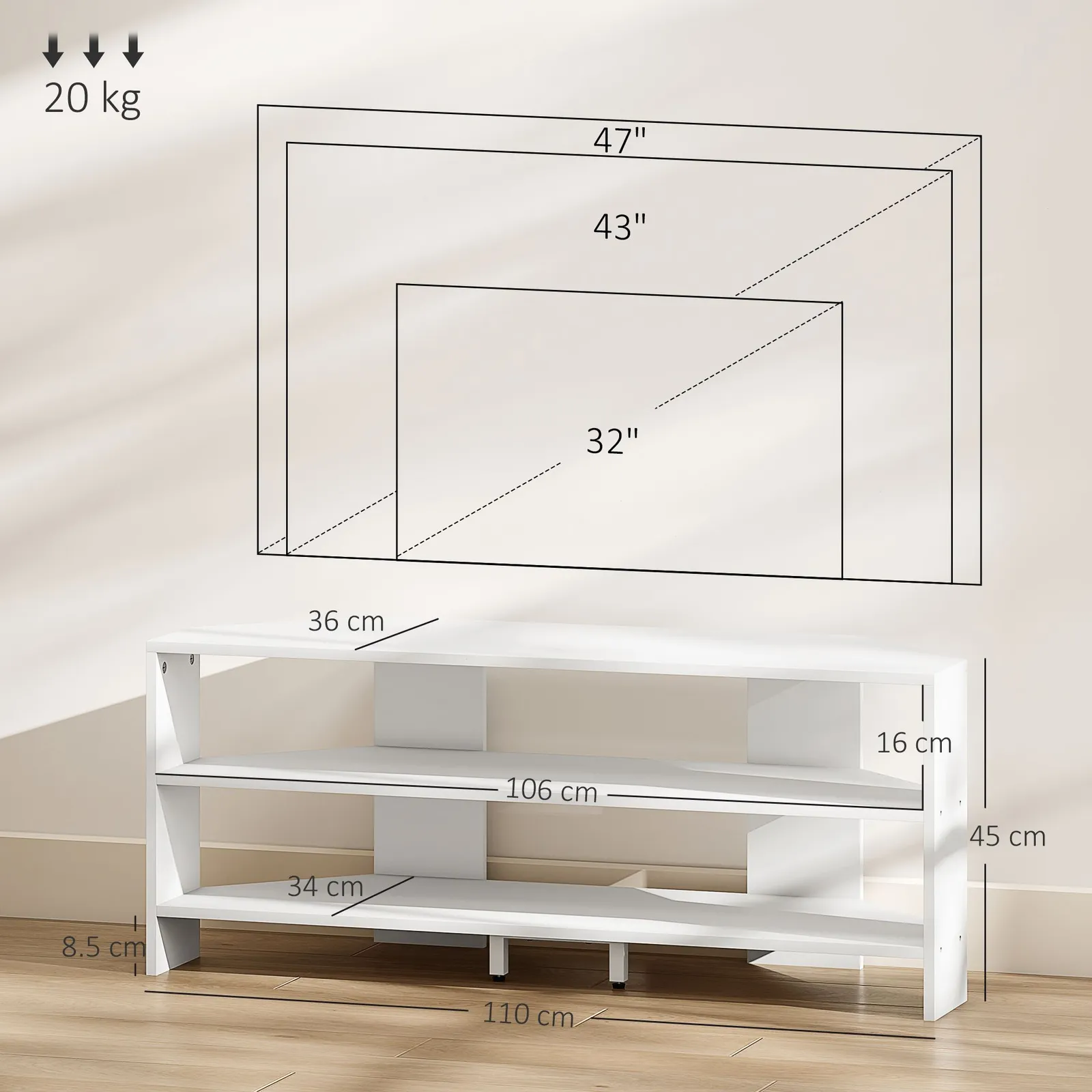 HOMCOM Corner TV Stand, TV Unit with Open Shelves for 47 Inch TV in White 3