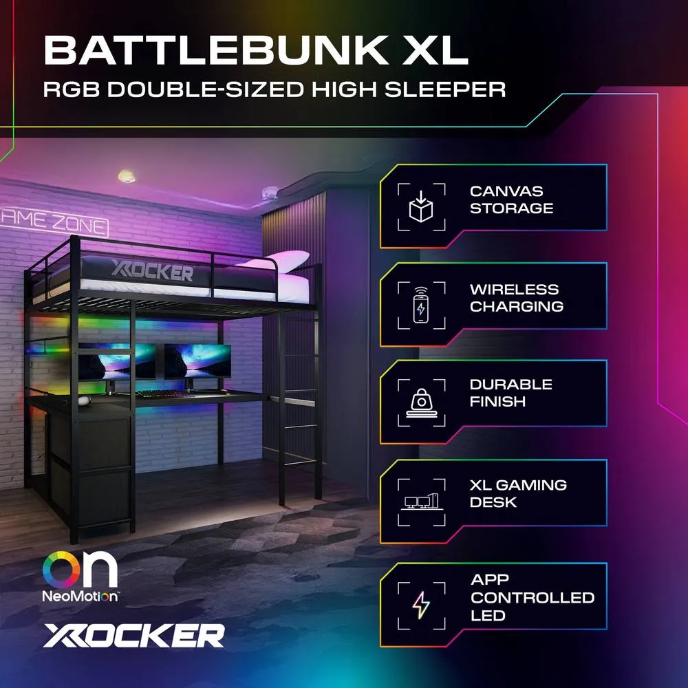 X Rocker Battlebunk XL RGB LED Double High Sleeper Gaming Bunk Bed with Desk in Black 2