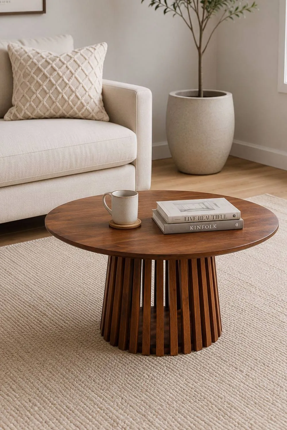 IH Design Tackley Mango Wood Round Coffee Table with Slatted Base in Brown