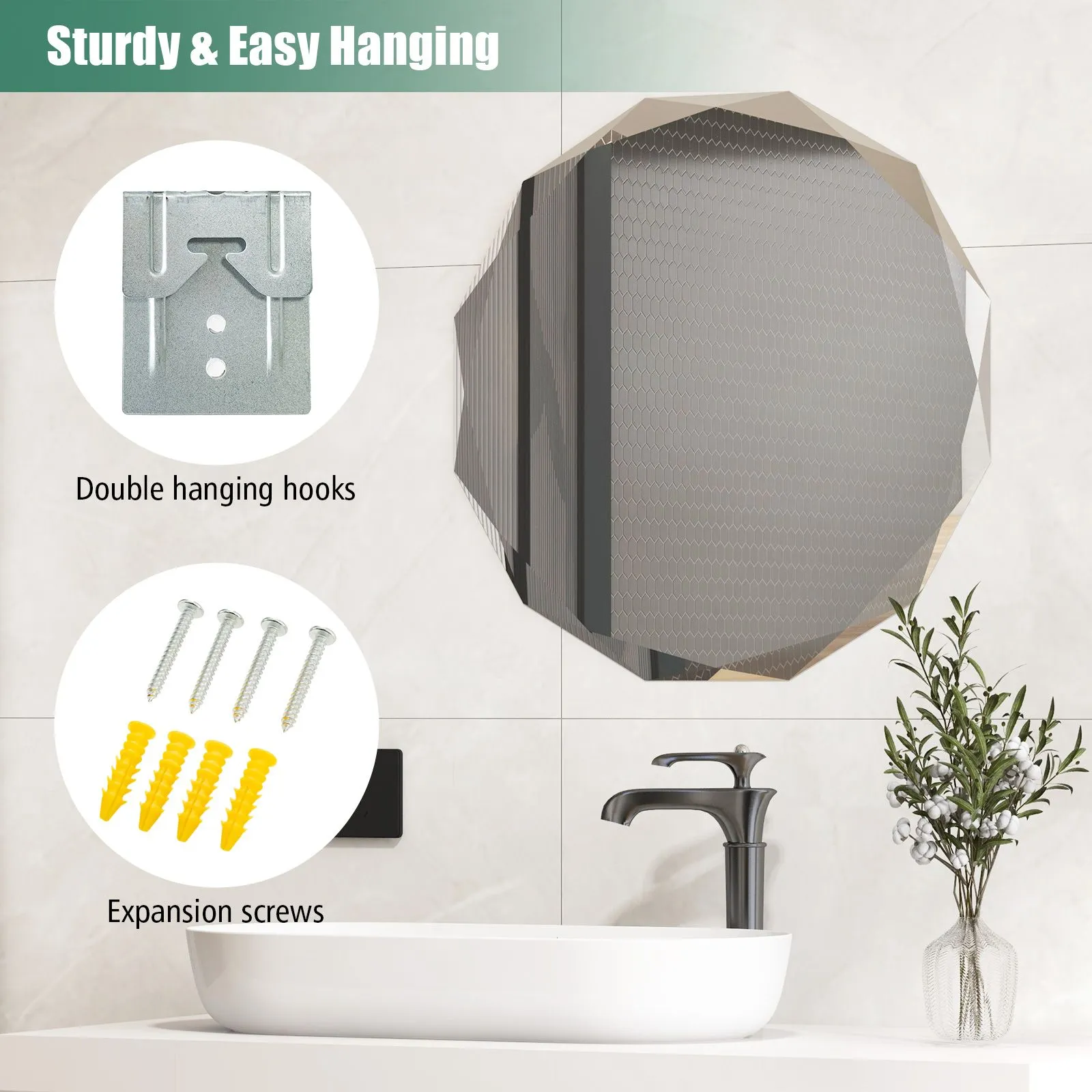 Costway Wall Mounted Silver Polished Mirror Frameless Bathroom Vanity Mirror Makeup Mirror in Clear 4
