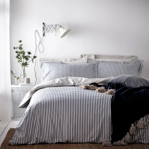 The Linen Yard Hebden Navy Stripe 100% Cotton Duvet Cover and Pillowcase Set