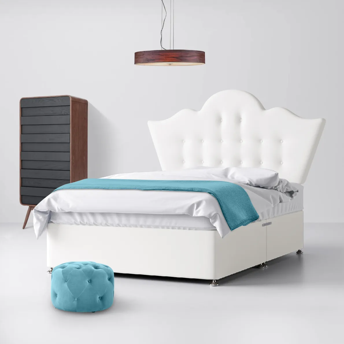 Florence Buttoned White Fabric Ottoman Divan Bed - 4ft Small Double