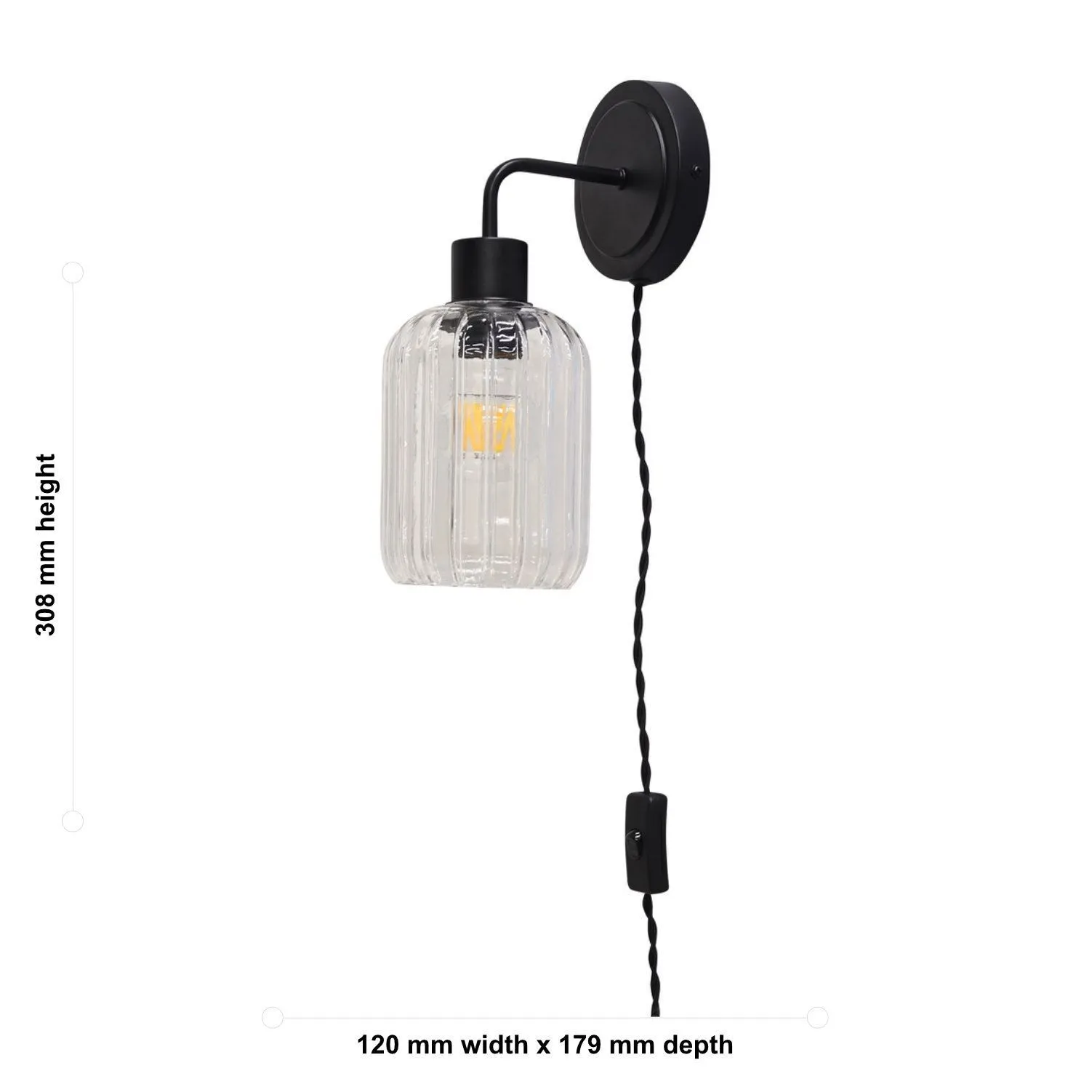 First Choice Lighting Set of 2 Toby - Black Plug in Wall Lights Ribbed Glass Shades 6