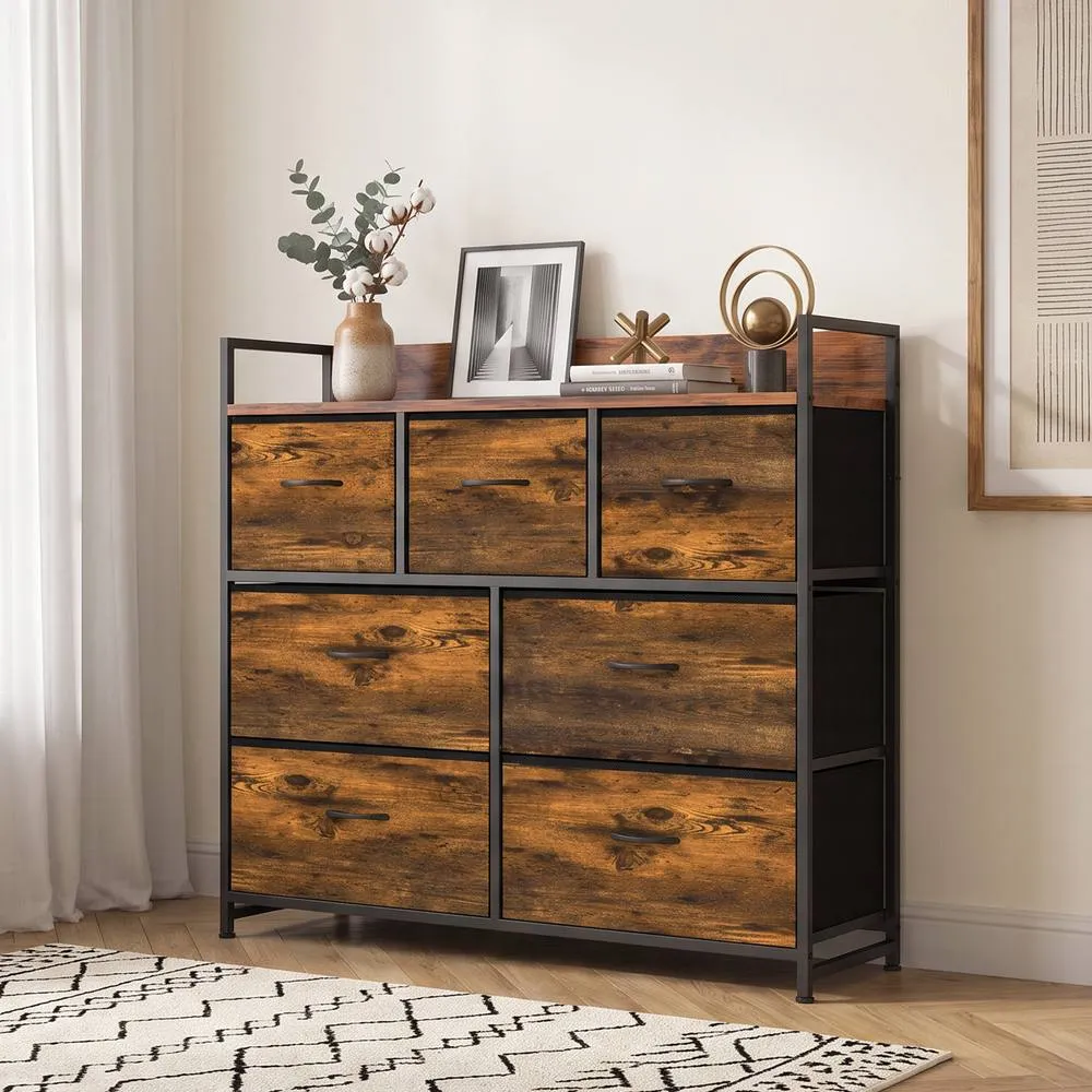 HOMCOM 7 Drawer Chest of Drawers with Top Shelf & Steel Frame Rustic Brown 2