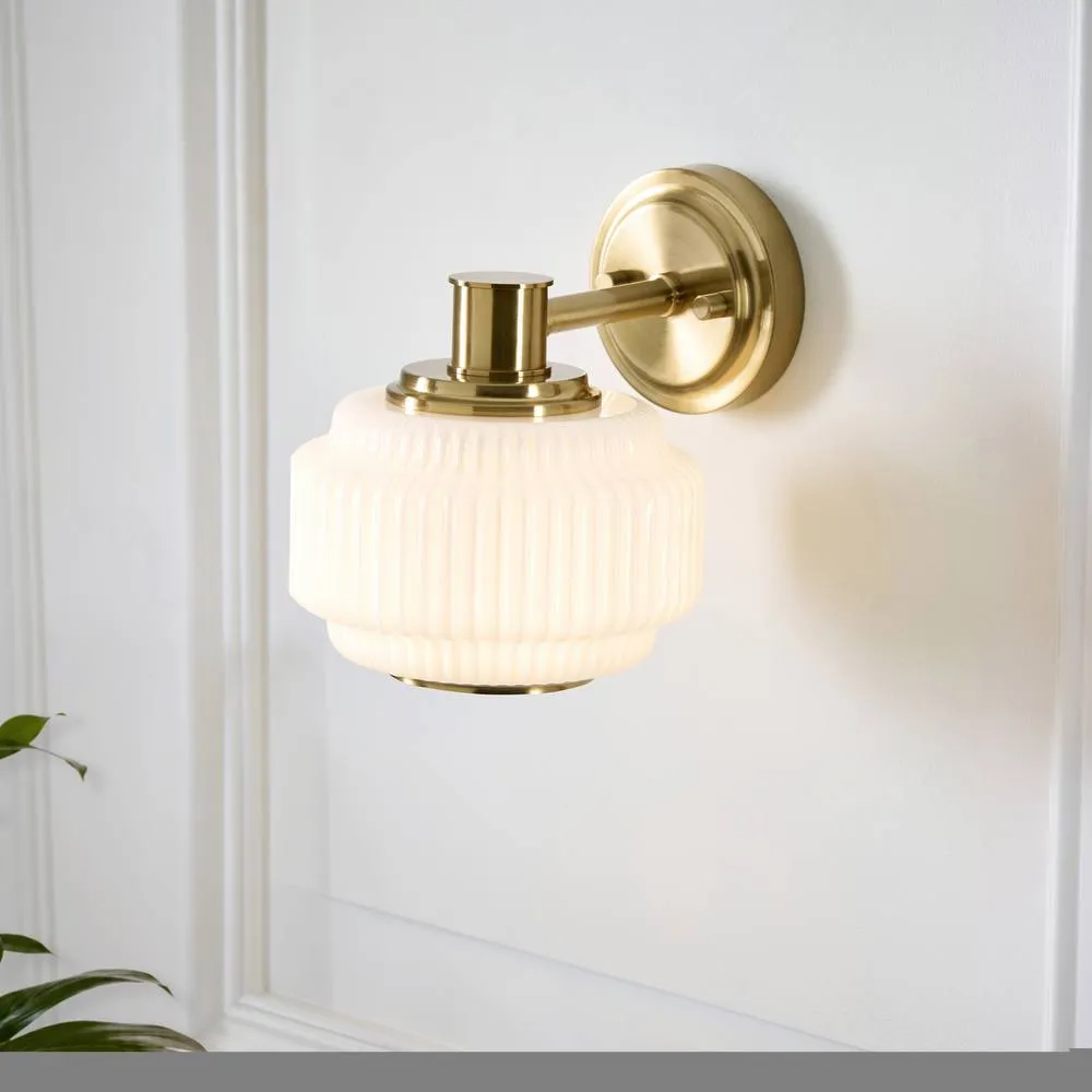 Netlighting Evora Globe Wall Lights Brushed Aged Brass Opal Ribbed Glass in Gold 4