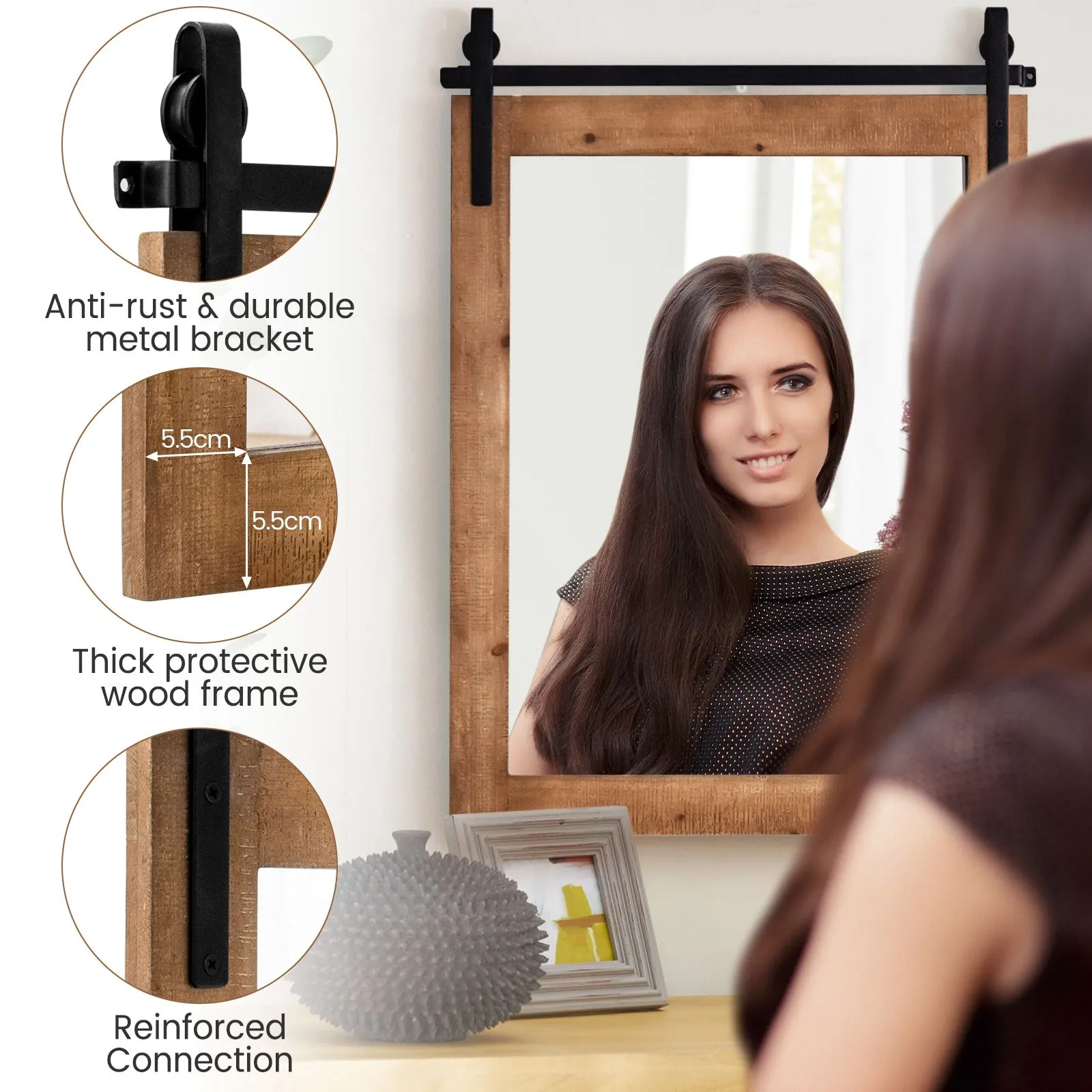 Costway Wall Mounted Mirror Rectangle Decorative Vanity Mirror in Brown 5