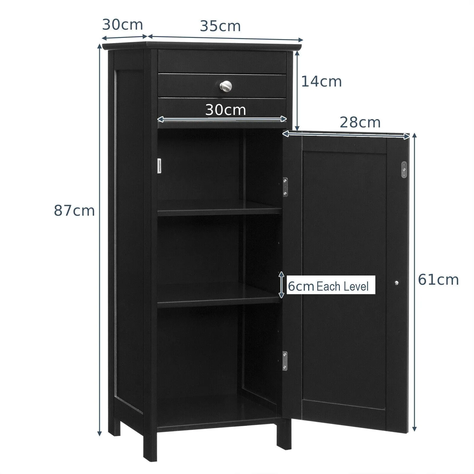 Costway Bathroom Wooden Storage Cabinet Floor Standing Cupboard w/ Single Door & Drawer in Black 4