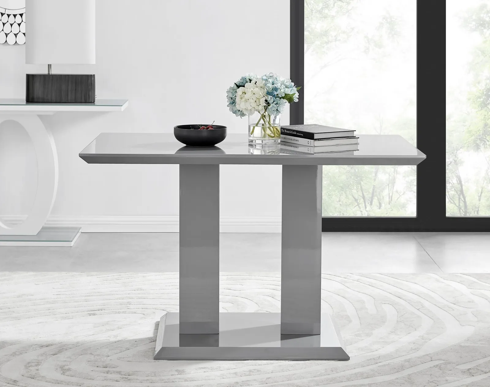 FurnitureboxUK Imperia Grey High Gloss 4 Seater Dining Table with Structural 2 Plinth Column Legs 4 Soft Velvet Silver Leg Milan Chairs in Navy 3