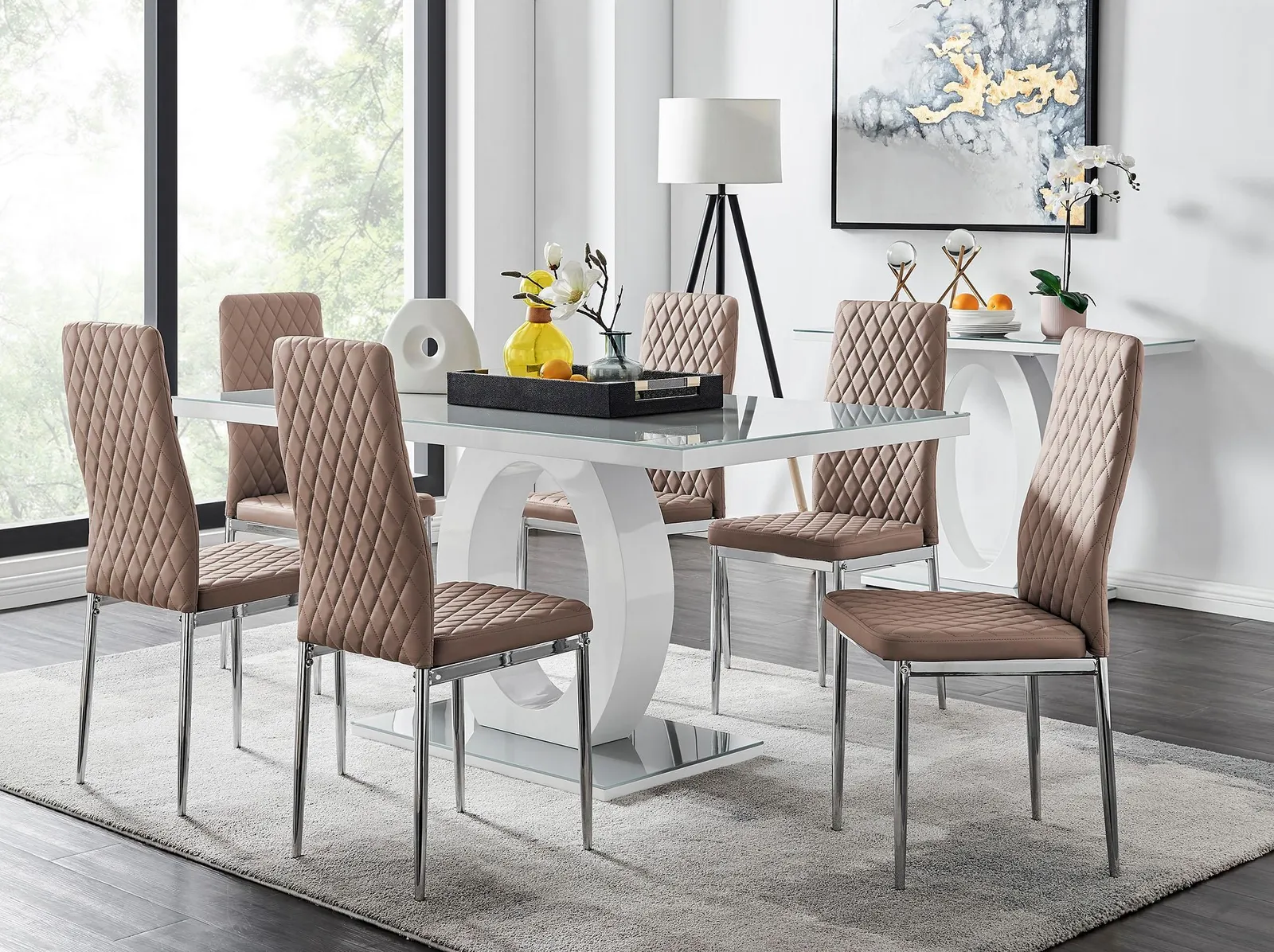 FurnitureboxUK Giovani 6-Seater Grey Glass Dining Table & 6 Milan Faux Leather Dining Chairs in Beige 1