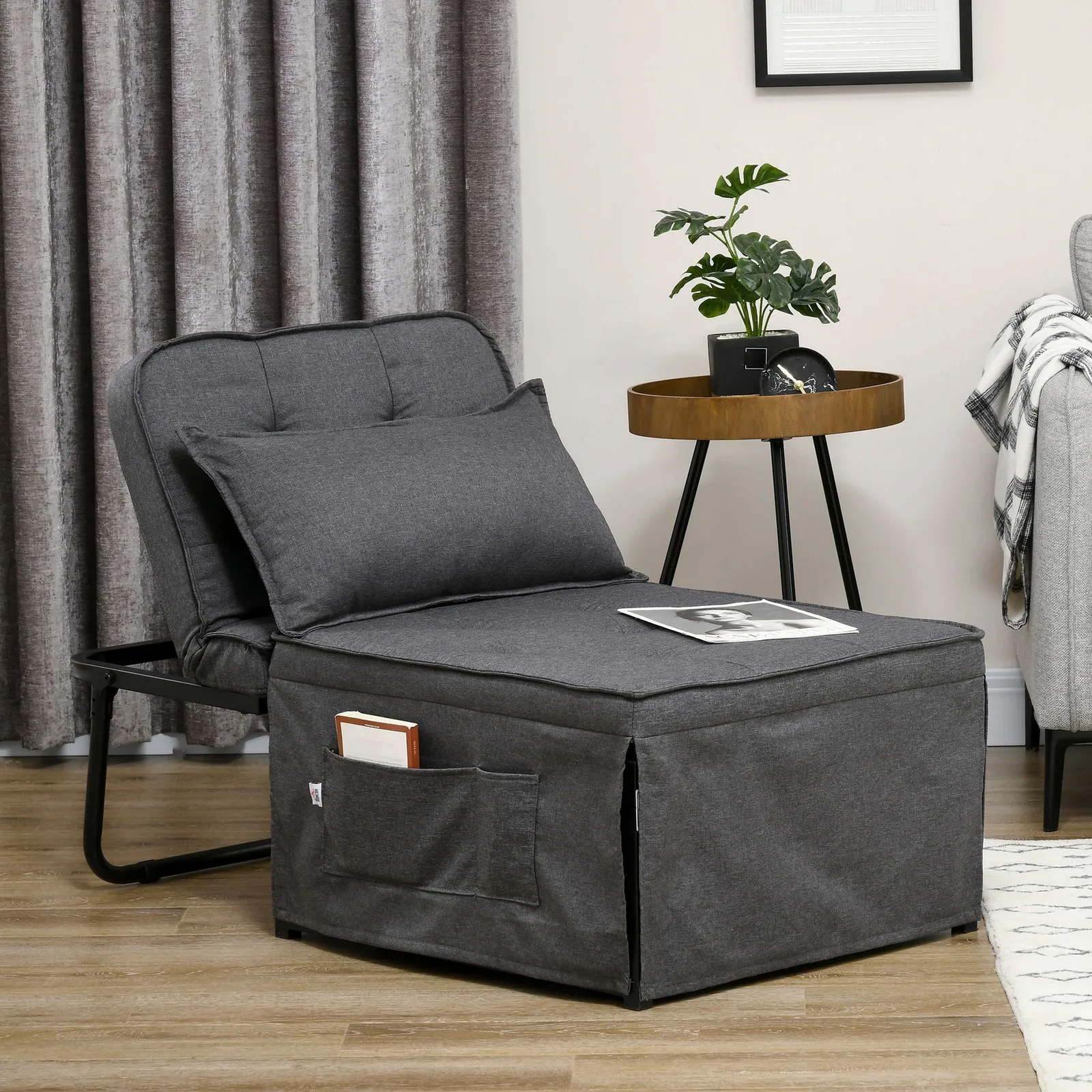 HOMCOM Folding Chair Bed Fabric Sleeper Chair Bed with Adjustable Backrest Pillow in Light Grey