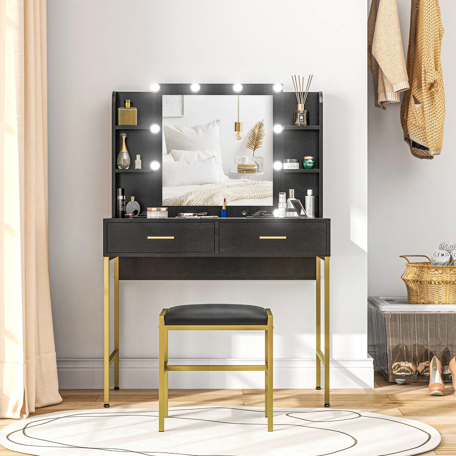 HOMCOM Makeup Vanity Desk Set with Lighted Mirror, Stool, Drawers, Black 2