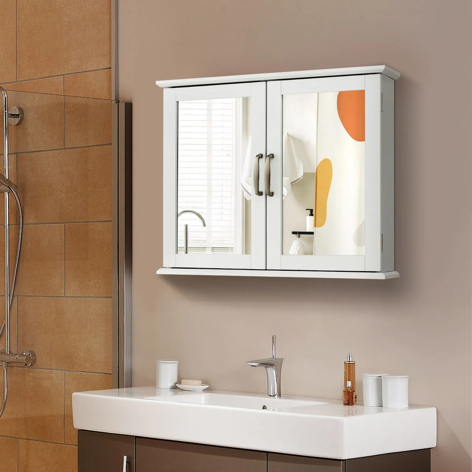 Costway Wall Mounted Bathroom Mirror Cabinet Wooden Storage Cupboard Medicine Cabinet in White 4