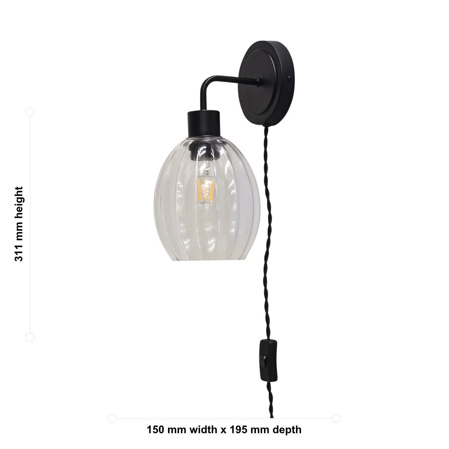 First Choice Lighting Toby - Black Plug in Wall Light with Birch Fluted Glass Shade 5