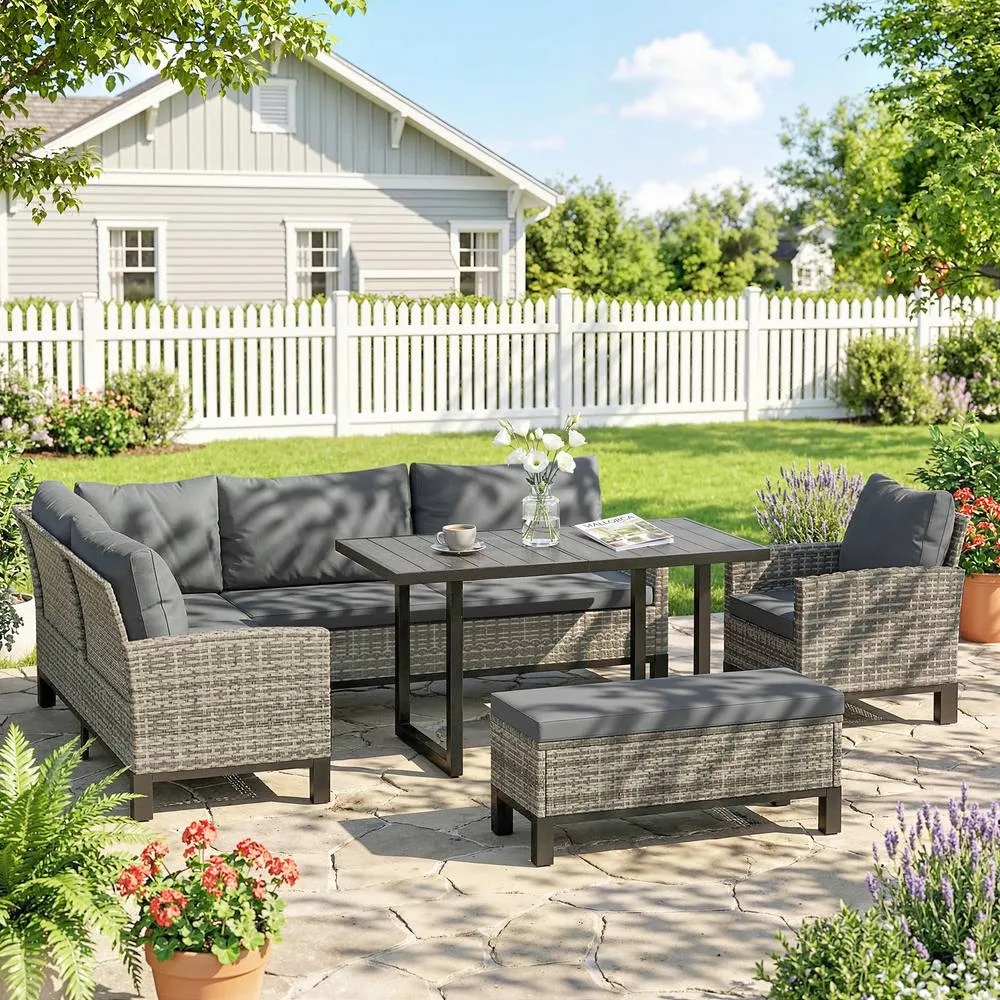 OUTSUNNY Rattan Garden Furniture Sofa Set, Outdoor Dining Set for 9, Grey in Dark Grey