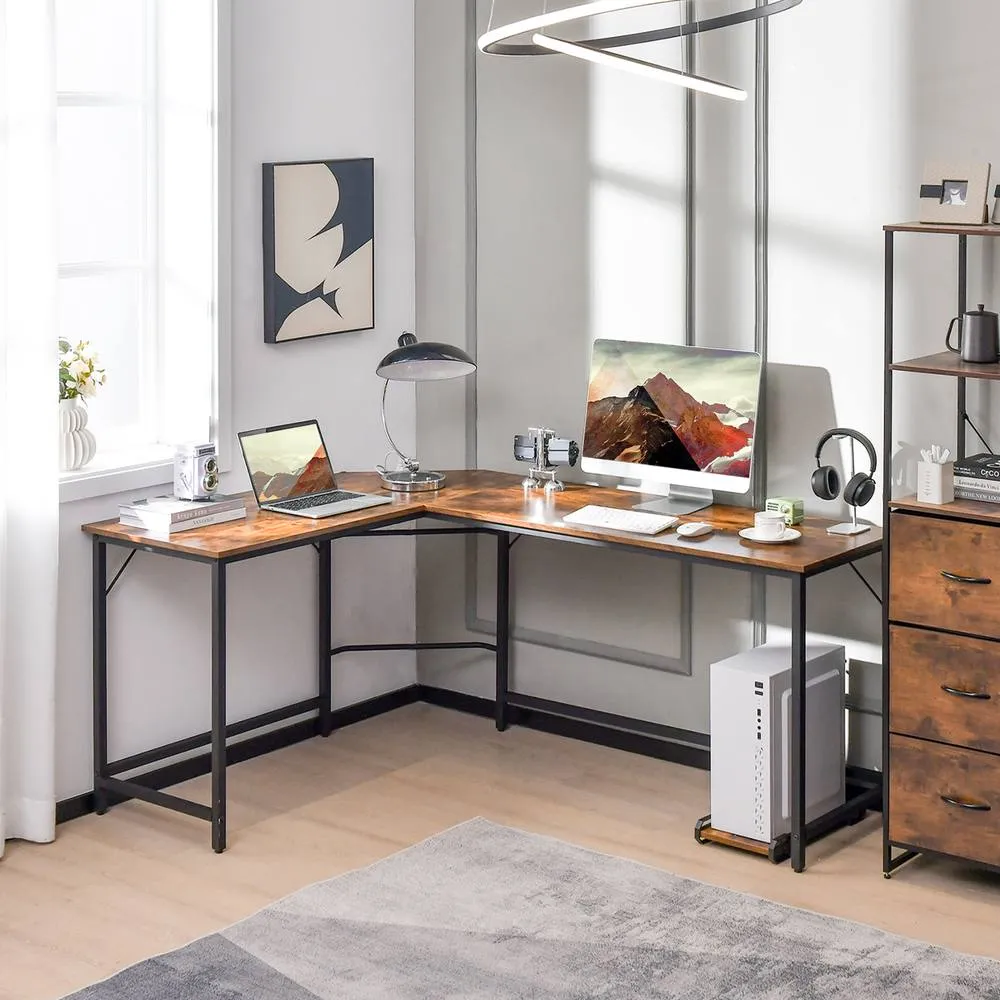 Costway L-Shaped Home Office Desk Computer Corner Desk Gaming Table with CPU Stand in Brown 3