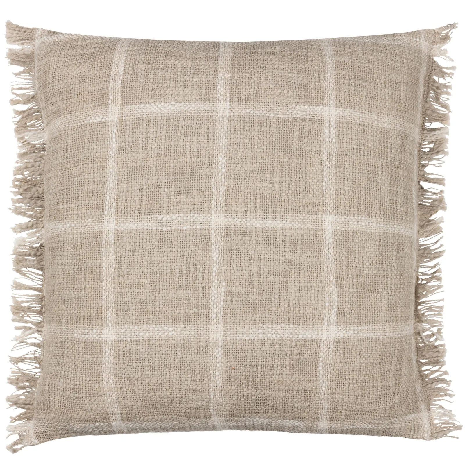 Yard Beni Check 100% Cotton Fringed Cushion in Stone 2