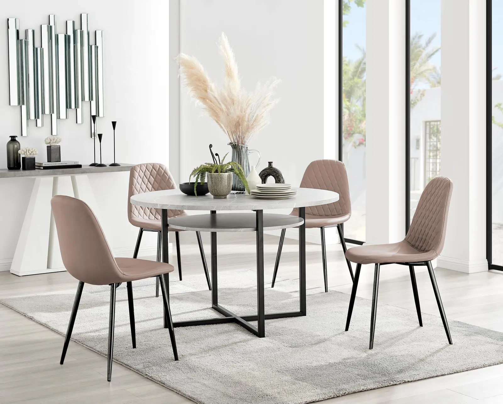 FurnitureboxUK Adley Grey Concrete Effect & Black Round Dining Table with Shelf & 4 Faux Leather Corona Dining Chairs in Beige