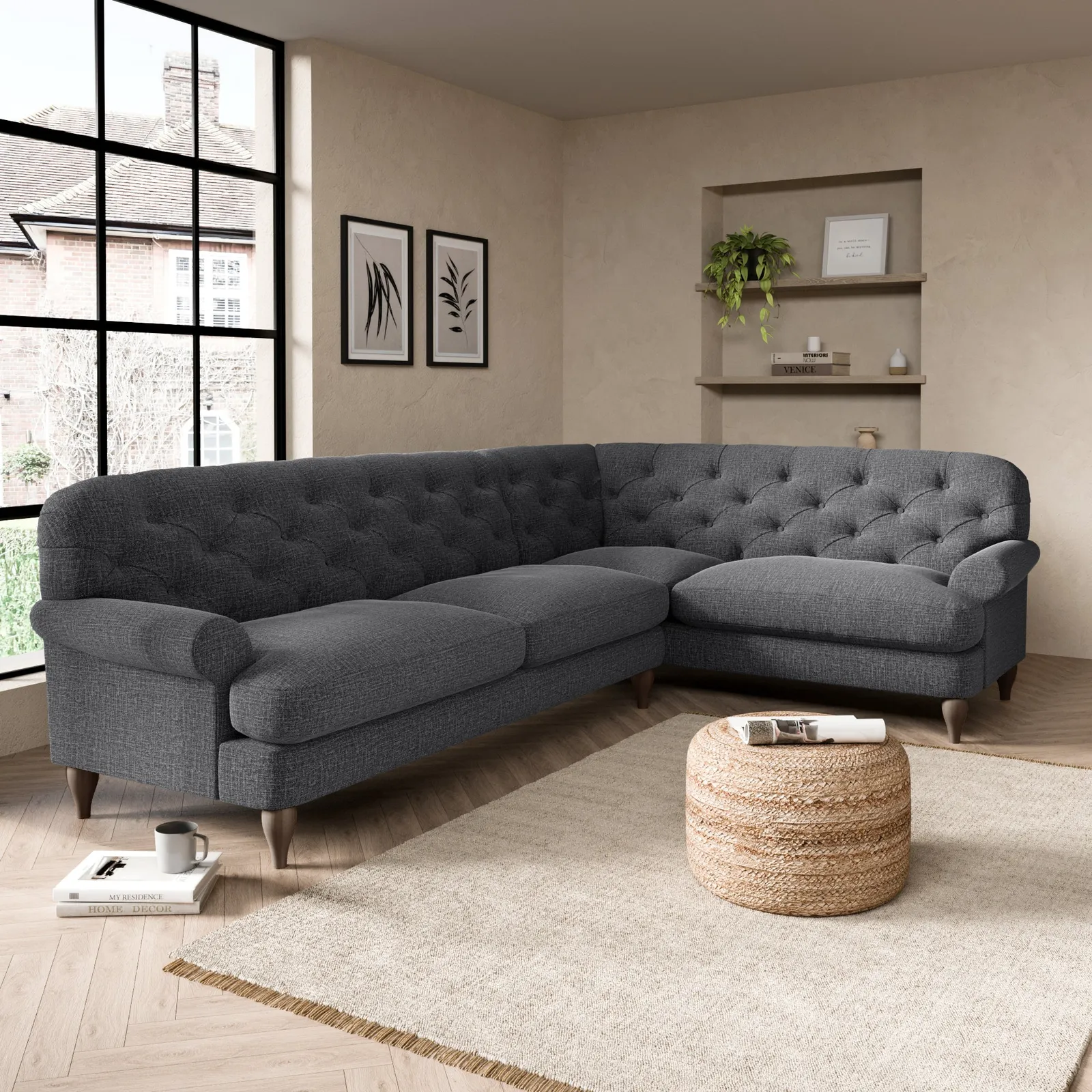 Canterbury Slub Cotton Blend Right Hand Corner Sofa Slub Cotton Black